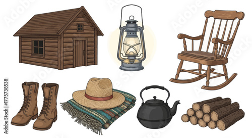 Rustic cabin essentials including a lantern, rocking chair, boots, hat, blanket, kettle, and firewood