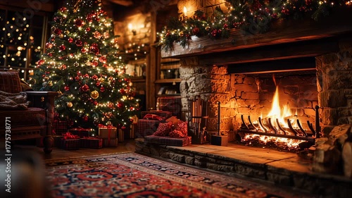 Christmas tree stands beautifully adorned near a crackling fireplace in a warm cabin setting. Soft glowing lights enhance holiday spirit. Concept of home decor, winter warmth, festive gatherings