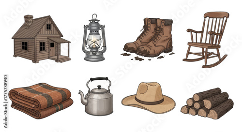 Collection of rustic country cabin and camping icons, including a log cabin, lantern, boots, rocking chair, blanket, kettle, hat, and firewood