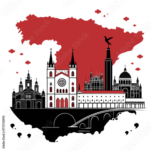 Spain silhouette with famous landmarks in black and red design  