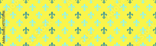 Vibrant seamless pattern featuring repeating fleurdelis motifs in teal and light blue against a sunny yellow background.  Ideal for textile designs, website backgrounds, or decorative projects.