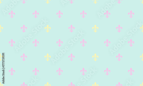 Pastel pink and yellow fleurdelis repeat pattern on a light teal background. Perfect for wedding invitations, feminine branding, or whimsical designs needing a touch of elegance and charm.