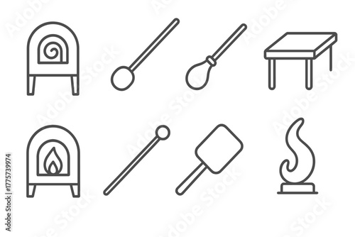Glassblowing Icons. Line style icons of Glassblowing: Annealing Oven, Blowpipe, Molten Glass, Marver, Furnace, Pontil, Shaping