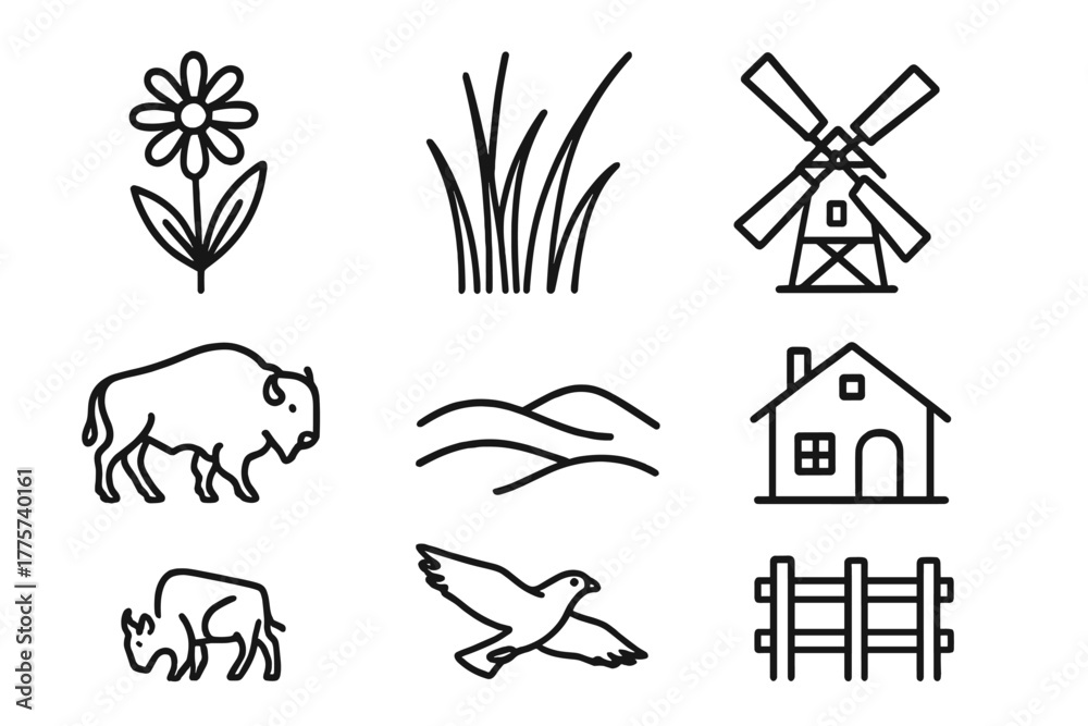 Fototapeta premium Prairie Line Icons. Line style icons of Flowering Prairie: Blooming Wildflower, Tall Grass, Windmill, Farmhouse, Bison, Rolling