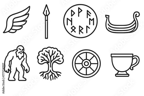 Nordic Myth Icons. Line style icons of Nordic Myth: Valkyrie Wing, Odin’s Spear, Rune Circle, Longship Hull, Frost Giant,