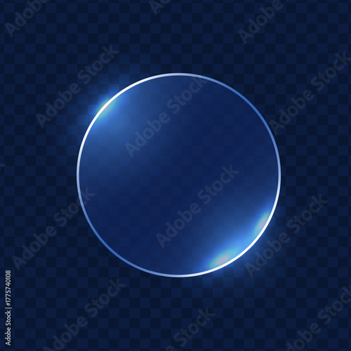 Glowing circular form in glassmorphism style on dark blue background with neon edges, soft reflections and radiant highlights, creating elegant depth and luminous atmosphere