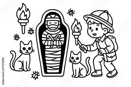 Child Discovers Mummy Tomb. Curious archaeologist child discovering a mummy’s tomb with cats, scarabs, and torches glowing, black