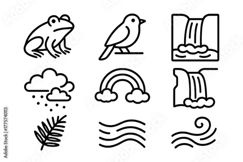 Wildlife Waterfall Icons. Line style icons of Wildlife Waterfall: Frog, Bird, Plunge Pool, Mist, Rainbow, Cliff Face, Fern,