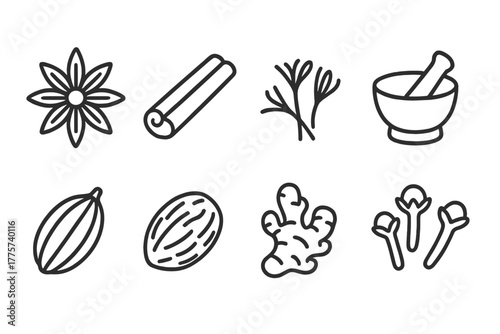 Spices Line Icons. Line style icons of Spices: Star Anise, Cinnamon Stick, Saffron Thread, Mortar and Pestle, Cardamom Pod, Nutmeg