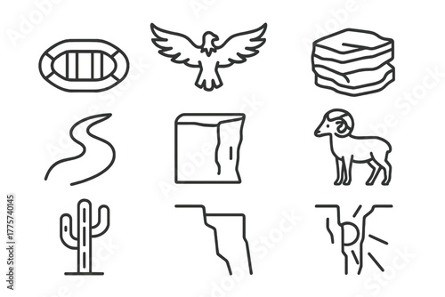 Canyon Icons Collection. Line style icons of Canyon: Raft, Condor, Layer of Rock, River, Cliff Edge, Bighorn Sheep, Cactus,