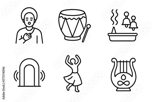 Ritual Music Icons. Line style icons of Ritual and Sacred Music: chanting figure, ceremonial drum, incense and bells, sacred space
