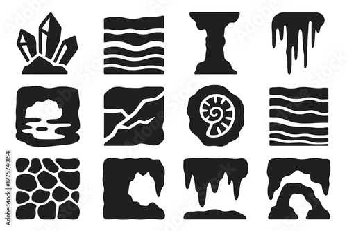 Geological Formation Icons. Solid style icons of Geological formations: crystal cluster, limestone layer, cave column, flowstone,