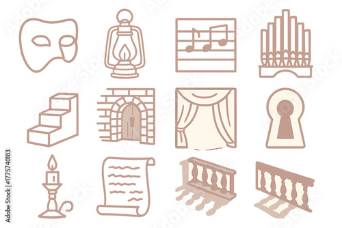Theatrical Mystery Icons. Line style icons of theatrical mystery: phantom mask, lantern, music score, pipe organ; dusty rose,