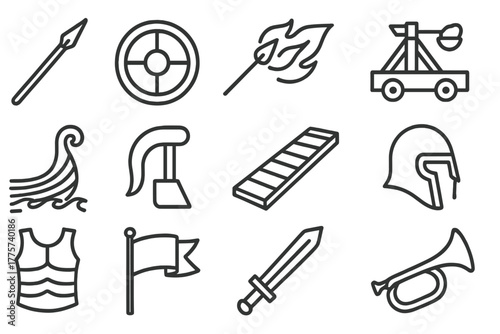 Naval Warfare Icons. Line style icons of naval warfare: spear, shield, flaming arrow, catapult; warship prow, ram, boarding plank,