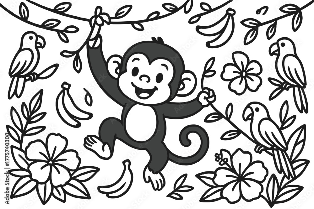 Fototapeta premium Monkey Jungle Fun. Curious monkey swinging from vines with bananas, parrots, and tropical flowers all around, black and white line
