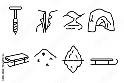 Glacier Line Icons. Line style icons of Glacier: Ice Core Drill, Crevasse, Meltwater, Moraine, Glacier Cave, Sledge, Snowfield,