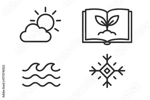 Agrarian Icon Line Art. Line style icons of Agrarian Knowledge: Weather Forecast, Planting Schedule, Tide Chart, Folkloric Wisdom;