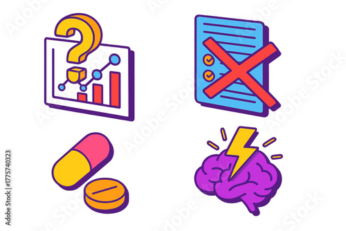 Scientific Method Icons. Isometric vector illustration set Unproven Method Concepts: Question mark over scientific chart,