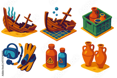 Nautical Archaeology Icons. Isometric vector illustration set Nautical archaeology: shipwreck skeletons, underwater grids,
