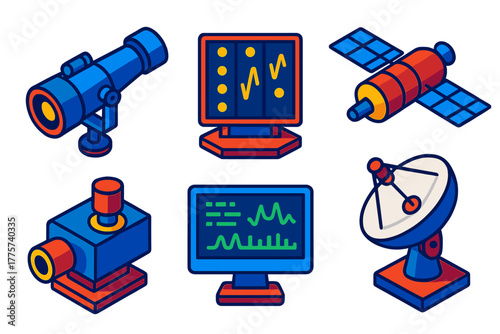 Space Observation Instruments. Isometric vector illustration set GRB Detection Instruments: space telescope, gamma-ray detector