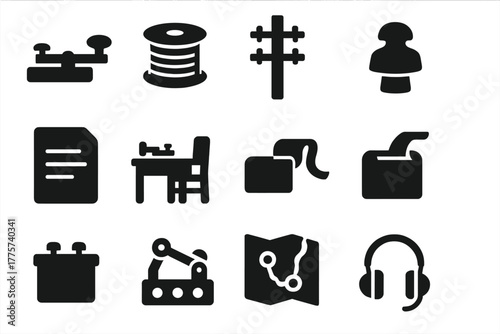 Telegraph Era Icons. Solid style icons of Telegraph Era: Clicker, Wire Spool, Wooden Pole, Insulator, Message Slip, Operator Desk,