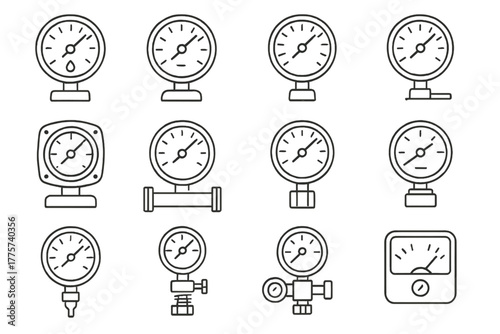 Industrial Gauge Icons. Line style icons of industrial gauges: oil pressure meter, boiler dial, steam gauge, torque meter;