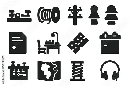 Telegraph Era Icons. Solid style icons of Telegraph Era: Clicker, Wire Spool, Wooden Pole, Insulator, Message Slip, Operator Desk,