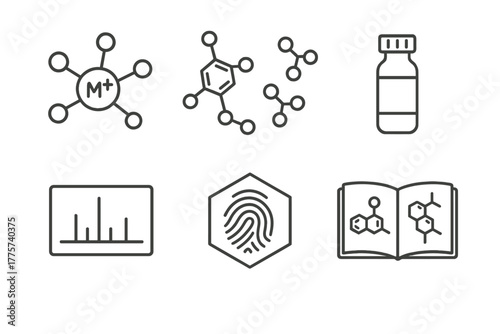 Chemical Compound Icons. Line style icons of Chemical Compound Identification: molecular ion peak, fragmentation pattern, sample
