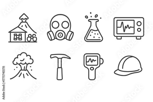 Volcanic Monitoring Icons. Line style icons of Volcanic Monitoring: Observation Post, Gas Mask, Lava Sample, Seismograph, Ash