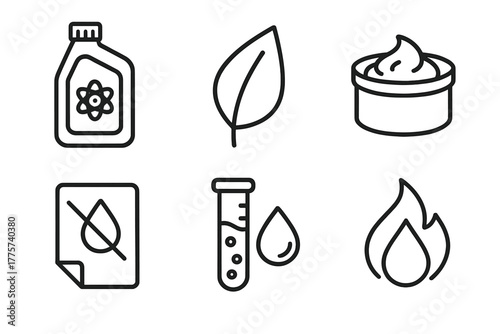 Lubricant Icons Collection. Line style icons of Lubricant Types: synthetic oil bottle, bio-lubricant leaf, grease tub, dry film