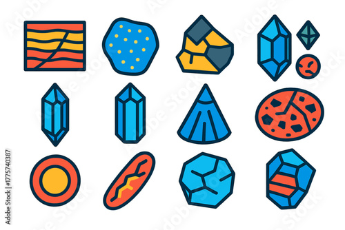 Shock Metamorphism Icons. Flat vector icons of shock metamorphism features: planar deformation features, diaplectic glass,
