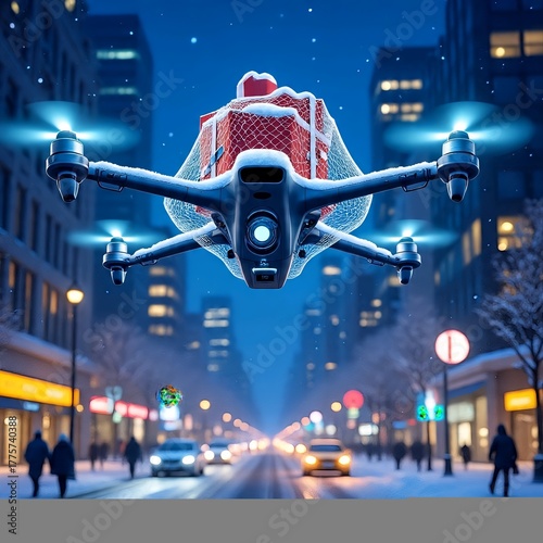 Drone Delivering Christmas Presents in Smart City