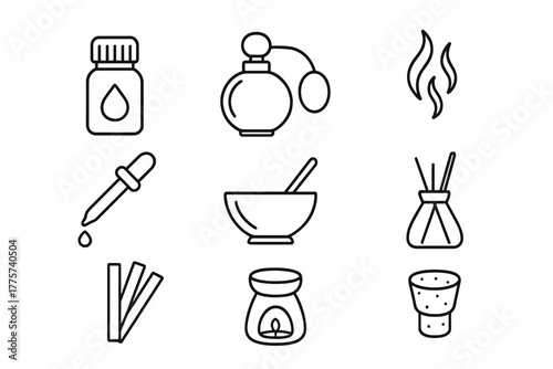 Perfumery Line Icons. Line style icons of Perfumery: Essential Oil, Scent Bottle, Notes of Fragrance, Pipette, Mixing Bowl,