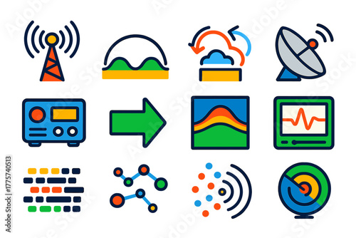 Signal Transmission Icons. Flat vector icons of Signal Transmission: radio tower, ground wave, sky wave, reflected signal, antenna