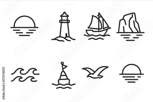 Sunset Strait Icons. Line style icons of Sunset Strait: Golden Water, Silhouette Lighthouse, Sailing Ship, Cliff Shadows, Waves,