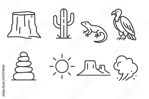 Desert Plateau Icons. Line style icons of Desert Plateau: Sandstone Cliff, Cactus, Lizard, Vulture, Rock Cairn, Distant Mesa, Sun,