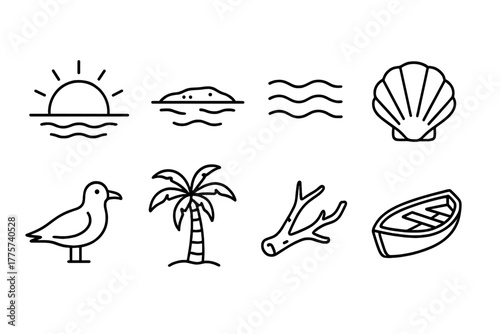 Sunset Sandbar Icons. Line style icons of Sunset Sandbar: Golden Reflection, Exposed Land, Tide, Shell, Seabird, Palm Tree,