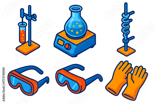 Vibrant Lab Equipment. Isometric vector illustration set Laboratory Applications: reaction tube holder, magnetic stirrer,