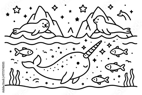 Magical Narwhal Adventure. Magical narwhal swimming under icebergs with fish, seals, and shining stars above, black and white line