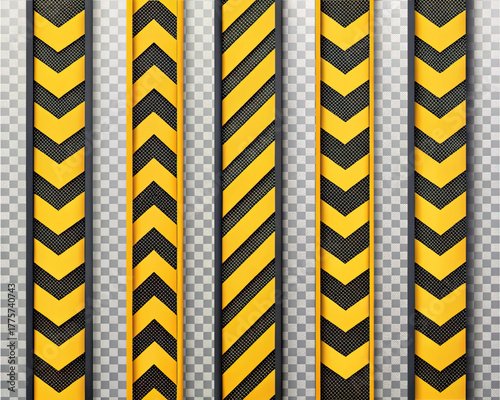 Set of vertical warning strips on a transparent background. Black and yellow safety barriers for construction. Industrial hazard patterns with chevron and diagonal stripes.