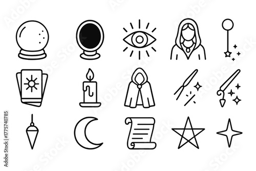 Occult Instrument Icons. Line style icons of Occult Instruments: Crystal Ball, Black Reflector, Vision, Fortune Teller; Tarot Deck