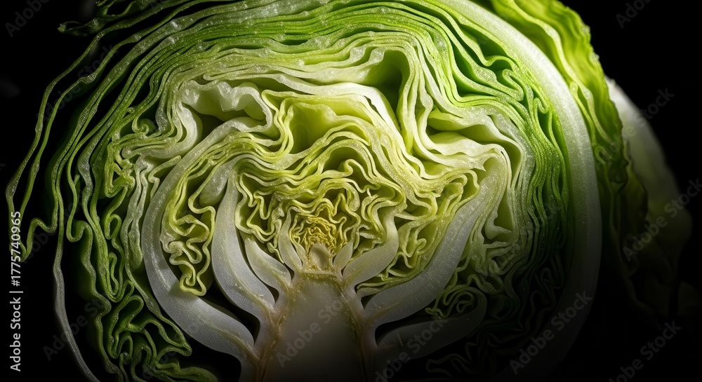Fototapeta premium Intimate Green Cabbage Cross Section Revealing Complex Textures and Organic Forms
