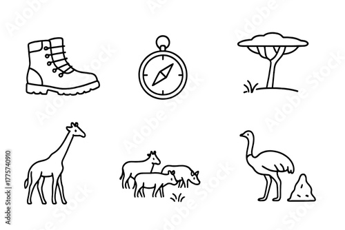 Adventure Veld Icons. Line style icons of Adventure Veld: Hiking Boots, Compass, Open Grassland, Acacia Tree, Giraffe, Herd,