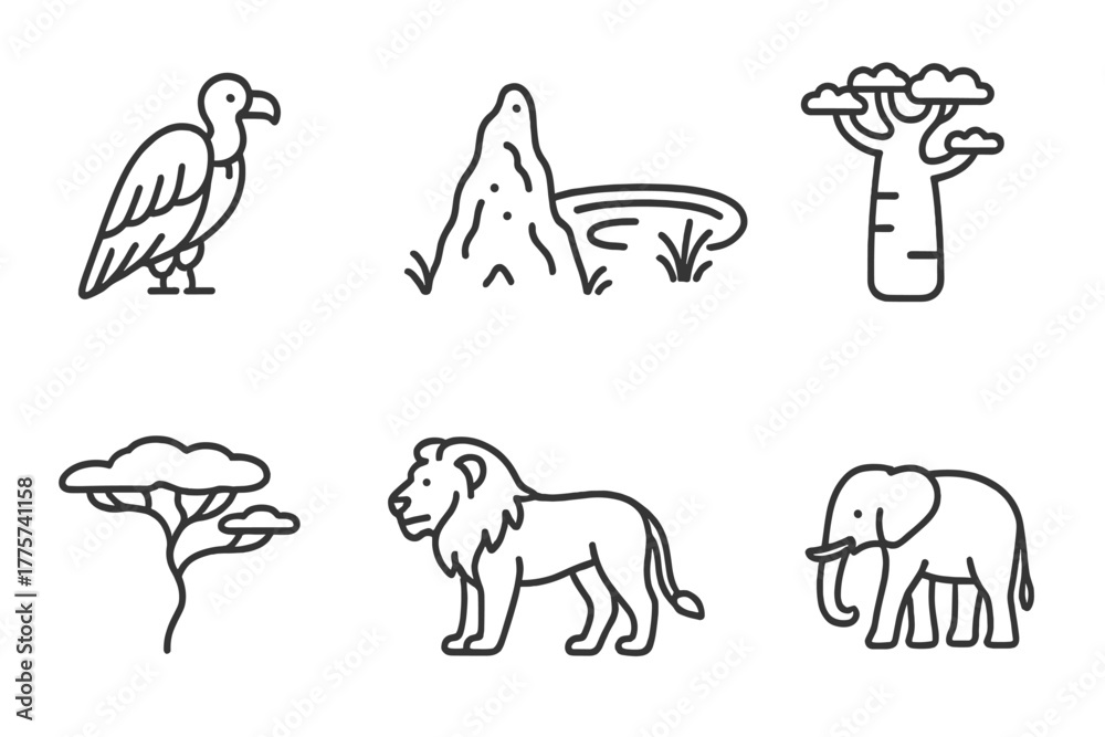 Fototapeta premium Savanna Line Icons. Line style icons of Savanna: Vulture, Termite Mound, Watering Hole, Baobab Tree, Acacia Tree, Lion, Elephant,