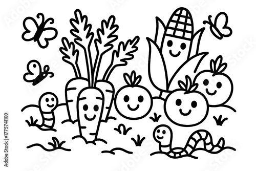 Smiling Garden Vegetables. Funny vegetable garden with carrots, tomatoes, and corn smiling while worms and butterflies play, black