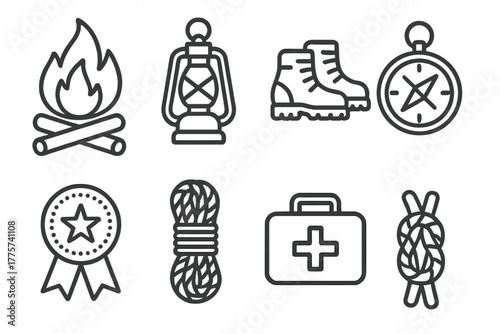 Scout Camp Icons. Line style icons of Scout Camp: Campfire, Lantern, Hiking Boots, Compass, Merit Badge, Rope Coil, First Aid Kit,