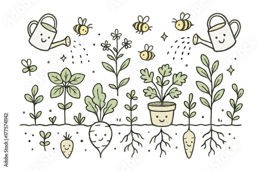 Whimsical Plant Paradise. Adorable doodle herbal garden with smiling plants, roots with faces peeking from the soil, buzzing happy