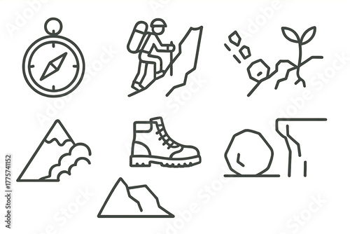 Adventure Icons Collection. Line style icons of Adventure Scree: Compass, Mountain Climber, Loose Rock, Hardy Plant, Avalanche