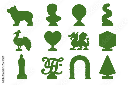 Artistic Topiary Icons. Solid style icons of artistic shaping: animal hedge, human bust topiary, abstract sphere, twisting spiral,