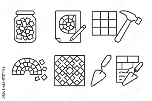 Mosaic Art Icons. Line style icons of Mosaic Art: Smalti, Design Sketch, Tile, Hammer, Mosaic Fragment, Pattern, Trowel, Grout, No
